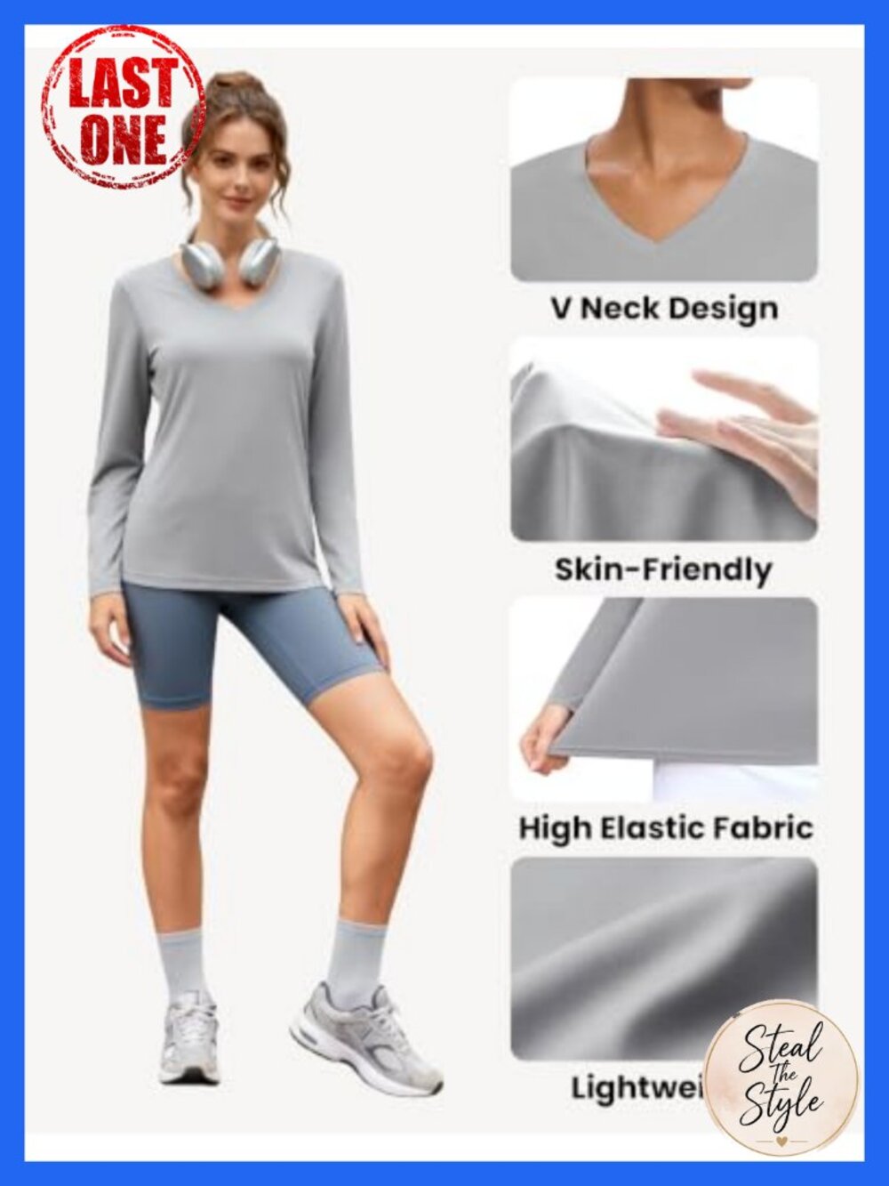 Womens Long Sleeve V Neck Workout Top UPF 50+ Moisture Wicking Athletic Tee - Picture 5 of 6